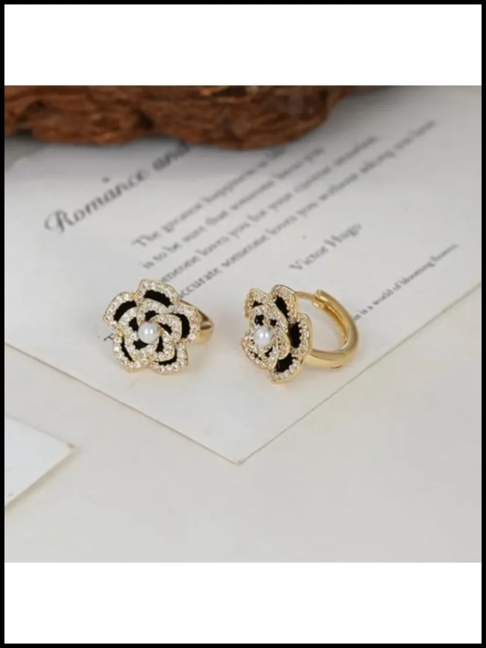 Black Rose Flower Huggie Hoop Earrings 925 Sterling Silver Pin Pearl CZ Floral